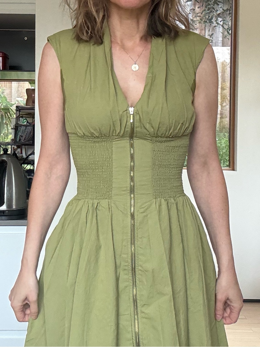 Anthropologie Olive Green Sleeveless Zip-Front Maxi Dress